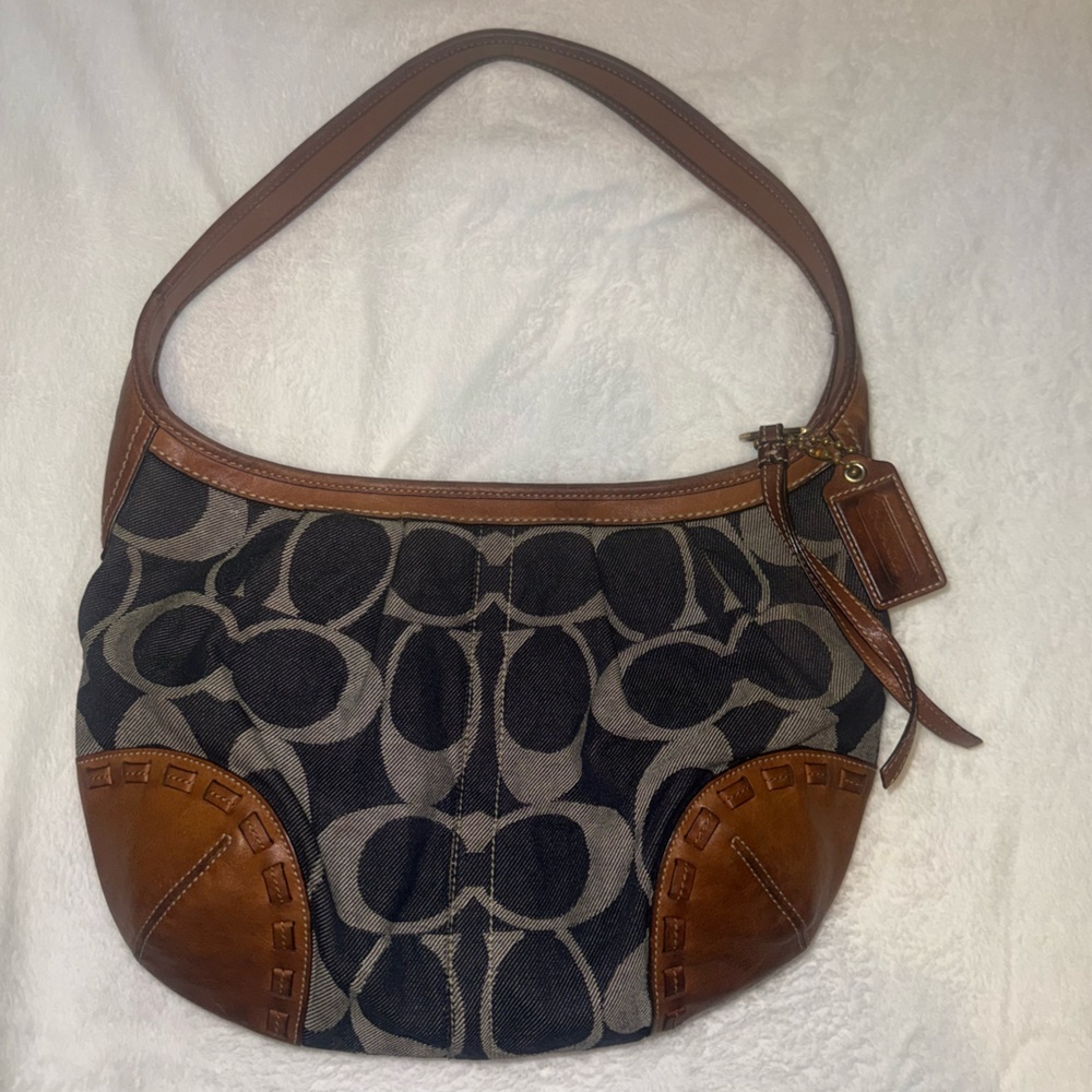 Denim and leather coach hobo shoulder bag